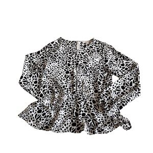 LOFT Blouse Black/White Dalmatian Print Gathered Waist Rear Zip Women's Size 2